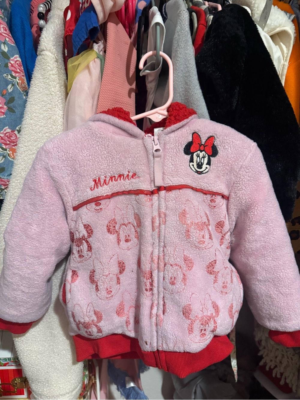 Disney Pink Minnie Mouse Sherpa Hoodie with Red Trim